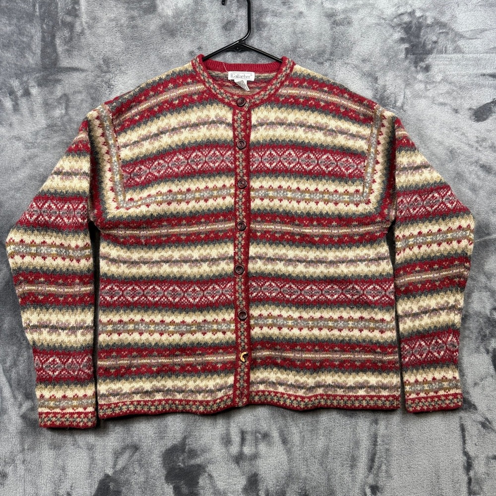 Gallagher Cardigan Sweater Womens XL Red Fair Isle Shetland Wool Knit Button Up